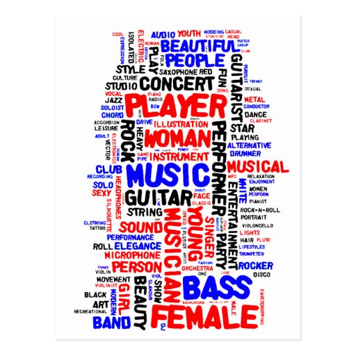 Female bass player wordle 1 red blue black postcards