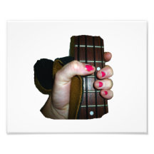 Female hand holding four string bass neck photographic print