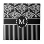 Feminine White on Black Damask Ceramic Tile