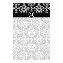 Feminine White on Black Damask Customized Stationery