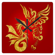 Feng Shui Golden Phoenix & Dragon Clock - red