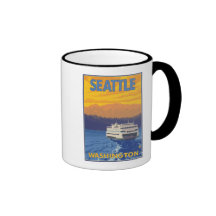 Ferry and Mountains - Seattle, Washington Mugs