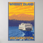 Ferry and Mountains - Whidbey Island, Washington Print