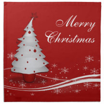Festive Red Background & White Christmas Tree Napkin