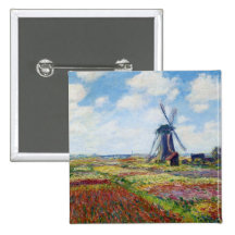 Fields of Tulip With The Rijnsburg Windmill Monet Pinback Buttons