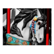 Fiery Carousel Horse Black White Postcard