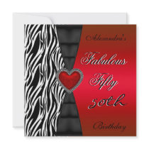 Fifty 50th Birthday Party Red Zebra Wild Black 2 Custom Invites