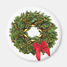 Fir Wreath with Gold Horseshoes & Red Bow Fridge Magnet