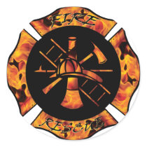 Fire Rescue Flaming Maltese Cross Round Sticker