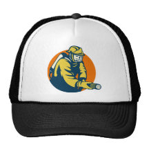 Firefighter or fireman aiming a fire hose hats