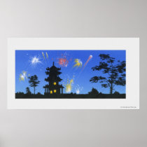 Firework display and silhouette of pagoda print