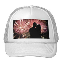 Fireworks Couple Kissing Silhouette Hats