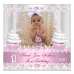 First Birthday 1st Girl White Pink Cupcake Baby 2 Invitations