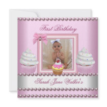 First Birthday Girl Pink Cupcakes White Pearl Baby