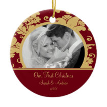 First Christmas Photo Ornament Red & Gold Damask