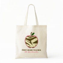 First Grade Teacher Bag - Brown Zebra Print Apple