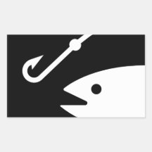 Fish Head and Hook - Black and White Rectangle Sticker