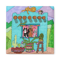 Five Cats at an Aqua Adobe House