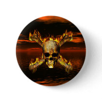 Flaming Skull and Crossbones w/Red Sky Background Button