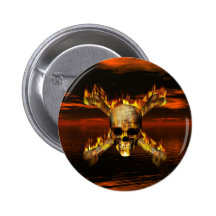 Flaming Skull and Crossbones w/Red Sky Background Button
