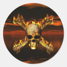 Flaming Skull and Crossbones w/Red Sky Background Sticker
