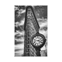 Flatiron Building and Clock in Black and White Stretched Canvas Print