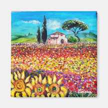 FLORA IN TUSCANY/ Fields ,Poppies and Sunflowers Fridge Magnet