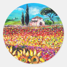 FLORA IN TUSCANY/ Fields ,Poppies and Sunflowers Round Sticker