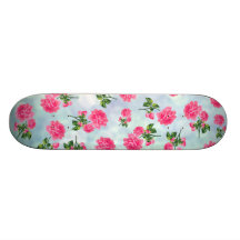 Floral patterns: pink flowers on blue bokeh skateboard deck