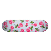 Floral patterns: pink roses on baby blue skate board decks