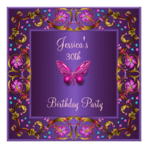 Floral Purple Pink Butterfly 30th Birthday Party Personalized Announcement