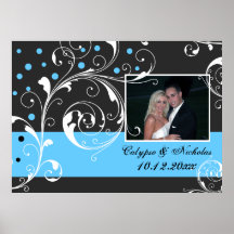 Floral scroll leaf black blue wedding photo print