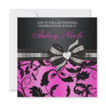 Floral Swirl Quinceañera Invite With Jewelled Bow