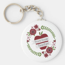 Floral Wreath Red Apple Third Grade Teacher Keychains