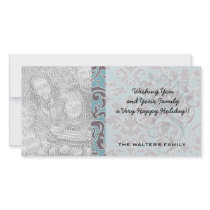 flourish blue and grey damask custom photo card