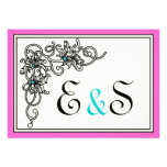 Flourish vine black pink turquoise wedding invitation