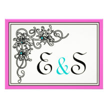 Flourish vine black pink turquoise wedding invitation