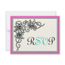 Flourish vine black pink turquoise wedding RSVP