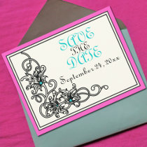 Flourish vine pink turquoise wedding Save the Date