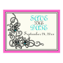 Flourish vine pink turquoise wedding Save the Date Postcards