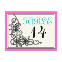 Flourish vine pink turquoise wedding table number