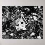 Flower Garden Bird House Black White Print