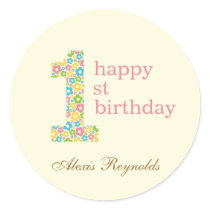 Flower Power First Birthday Favour Sticker - Pink