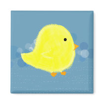 Fluffy Baby Chick With Blue Square Magnet