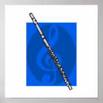 Flute with Blue Treble Clef Background Poster