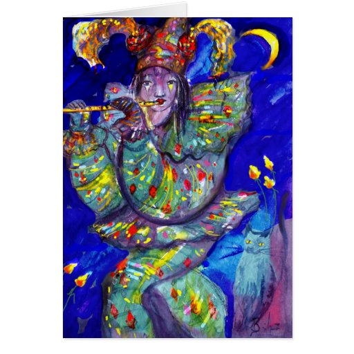 FLUTIST IN BLUE / Venetian Carnival Night Greeting Card