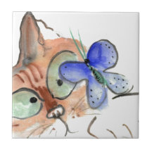 Fluttering Curiosity is Flying Past Kitten Ceramic Tiles