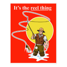 Fly fisherman casting reel with fishing lure bait post cards