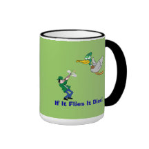 Flying Duck And Hunter Cartoon Mugs