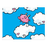 Flying pig dances on clouds post card